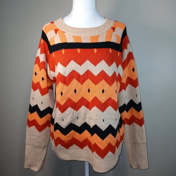 DEXTER ZIGZAG PATTERN SWEATER IN ORANGES BLACK AND CREAM, LONG SLEEVE SIZE LARGE - Picture 1 of 6
